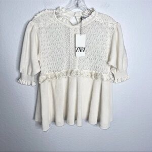 Zara Top Women Small Shirt Mixed Pointelle Cream Peplum Blouse Open Knit KK